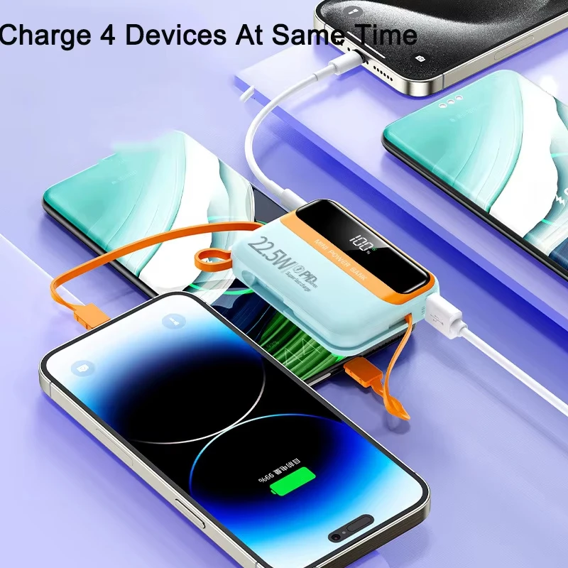 Mini Power Bank 20000mAh 22.5W Fast Charging Built in Cables Powerbank External Battery Charger for iPhone Samsung Huawei Xiaomi 4