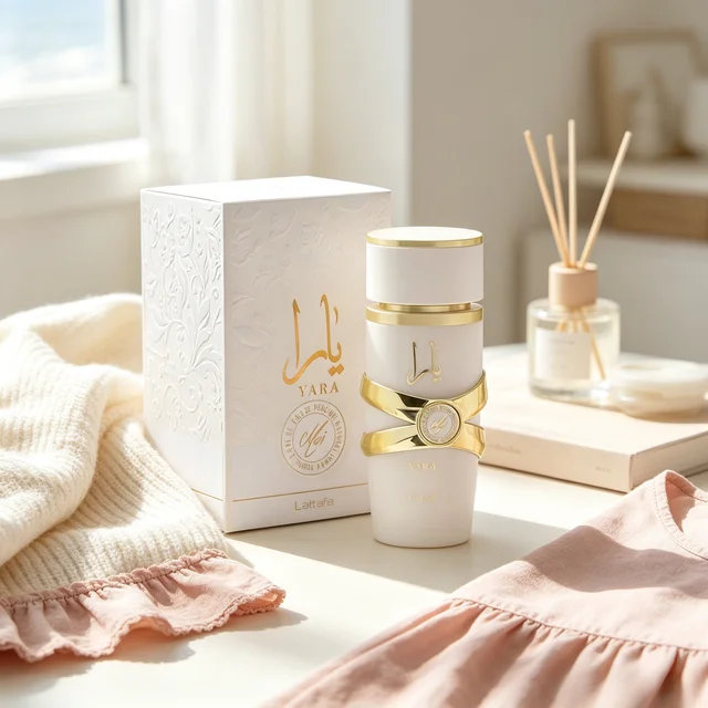 Yara White Eau De Parfum Full Gift Set Matte White Curved Bottle Cross Shiny Gold Strap Cap Embossed Floral Gift Box Soft Sweet Tuberose Vanilla Musk Scent Ramadan Wedding Luxury Gift For Arab Feminine Women