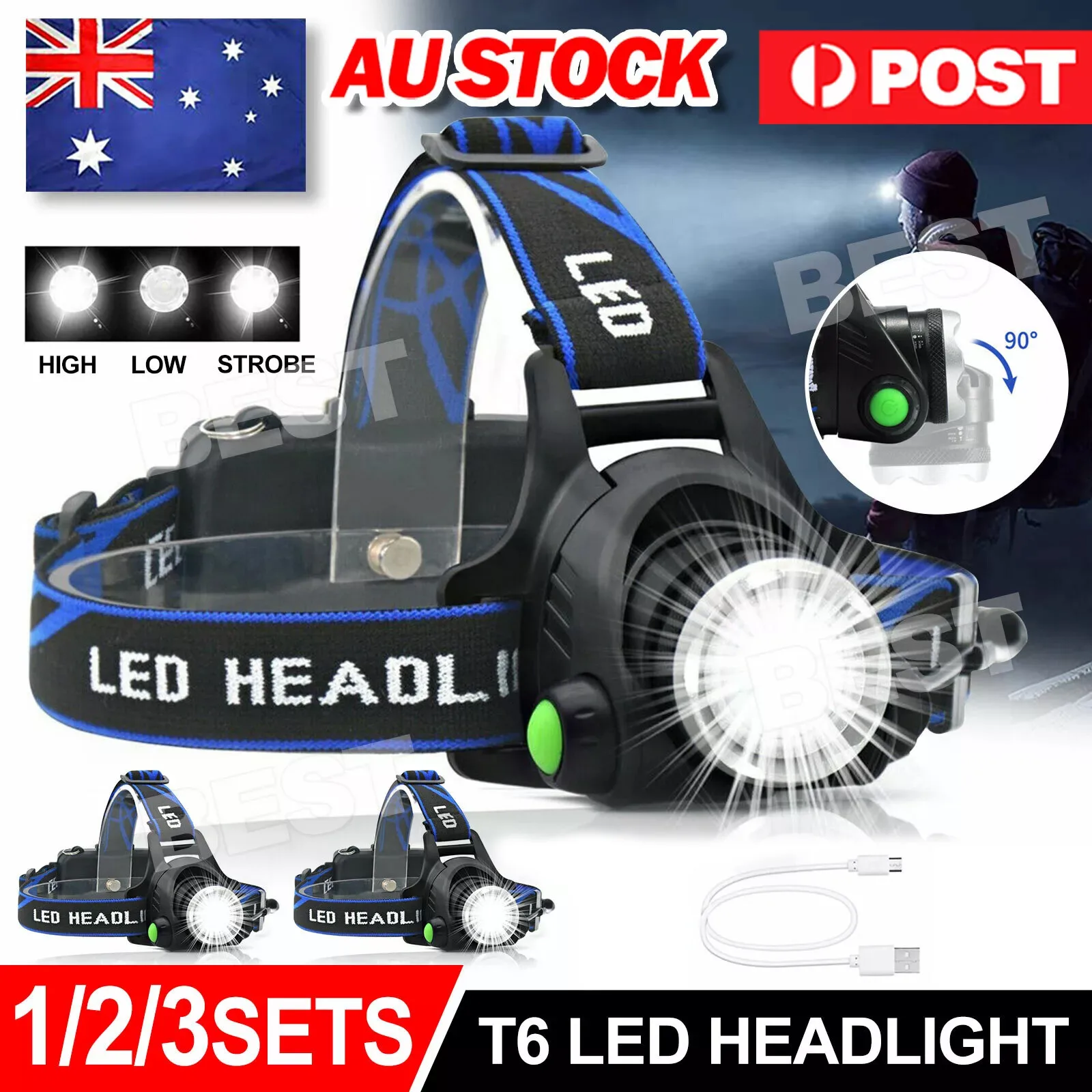 1/2/3x LED Headlamp Rechargeable Headlight Light Head Torch Lamp Flashlight