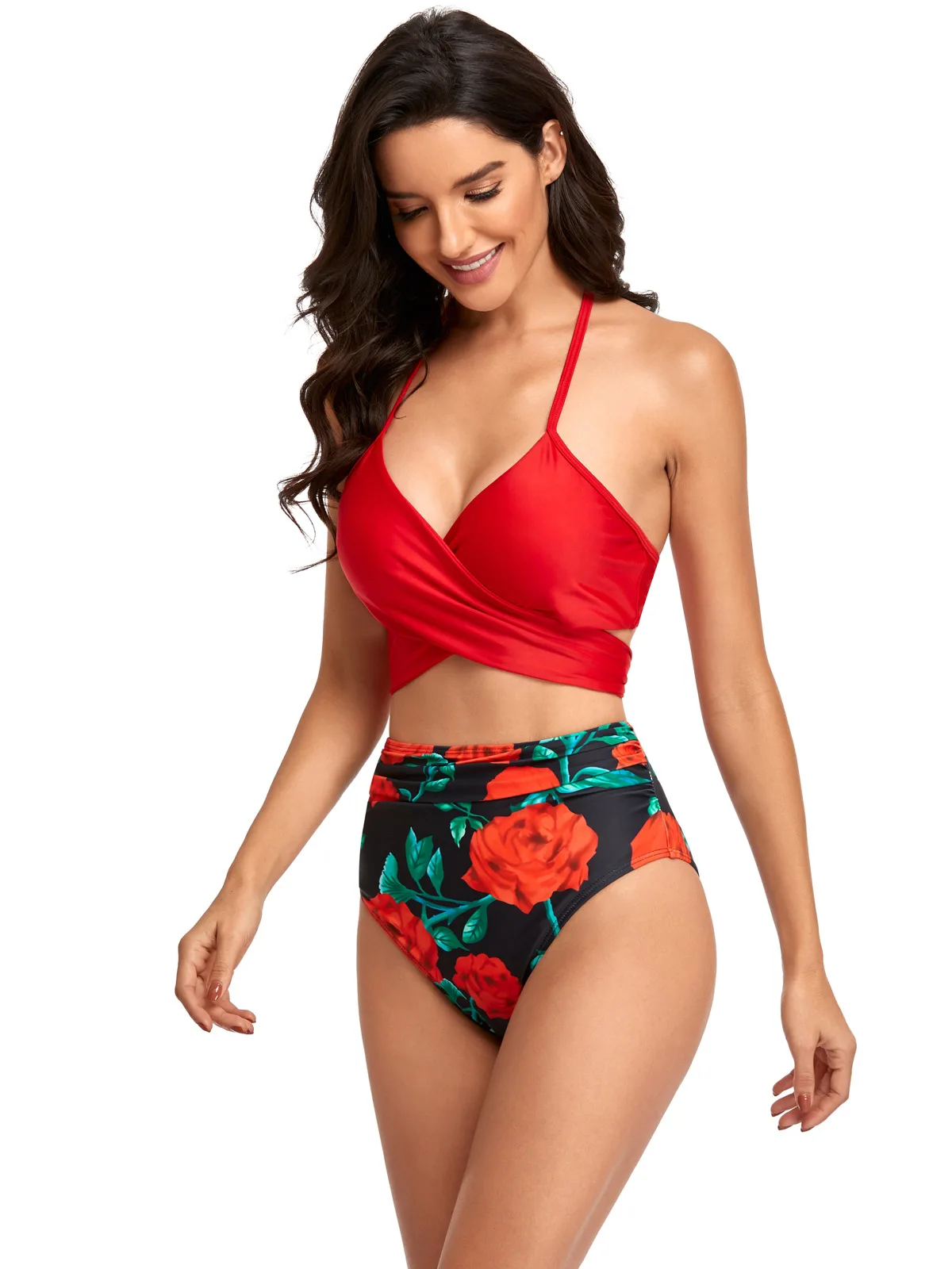 Sexy Girl Women's Clothing Wire Free Swimwears Polyester High Waist Triangle Pure Solor Striped Seal Cross -Speed Lace Bikini