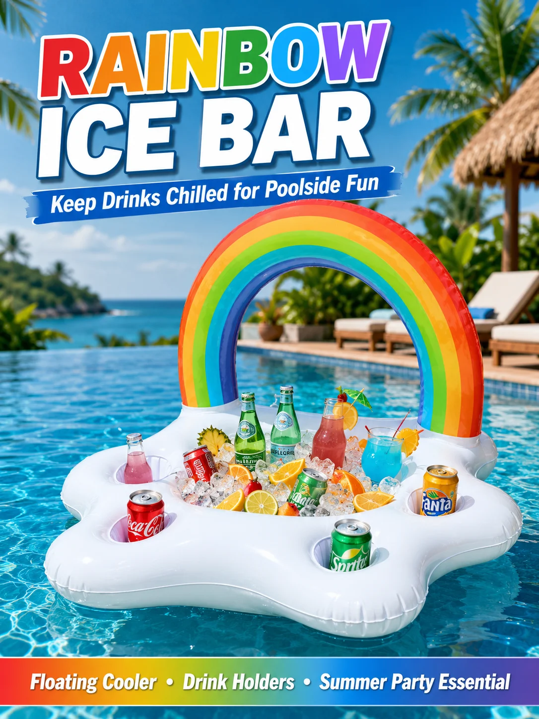 Inflatable Rainbow Drink Cooler Float with Ice Bucket & Cup Holders – Perfect Pool Party Beverage Bar