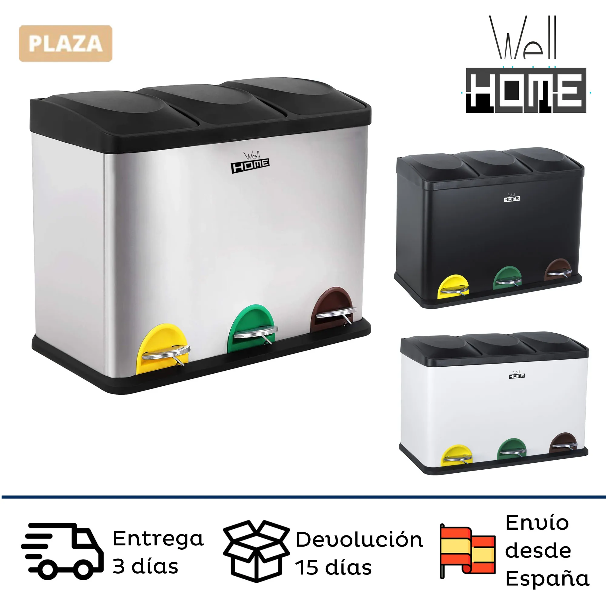 WellHome- Cubos de reciclaje ecológico con 3 compartimentos. Cubos de basura