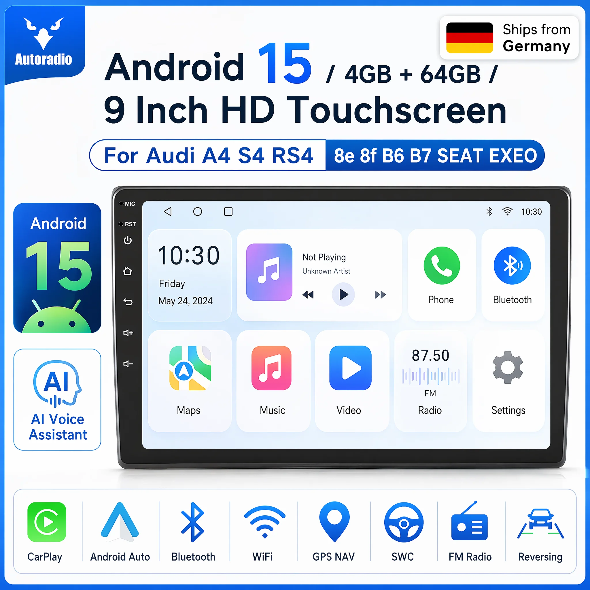 Radio para Auto Android 15 de 9 Pulgadas con CarPlay Inalámbrico para Audi A4 S4 RS4 8e 8f B6 B7 SEAT EXEO, Sistema Multimedia Inteligente con Apple CarPlay, Pantalla Táctil IPS, Reproductor de Video Estéreo, Autoradio, Navegación, BT, GPS, 5G, WIFI, FM, AM, DSP, RDS, SWC 1