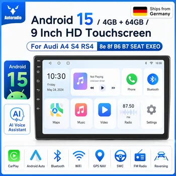 Radio para Auto Android 15 de 9 Pulgadas con CarPlay Inalámbrico para Audi A4 S4 RS4 8e 8f B6 B7 SEAT EXEO, Sistema Multimedia Inteligente con Apple CarPlay, Pantalla Táctil IPS, Reproductor de Video Estéreo, Autoradio, Navegación, BT, GPS, 5G, WIFI, FM, AM, DSP, RDS, SWC 1