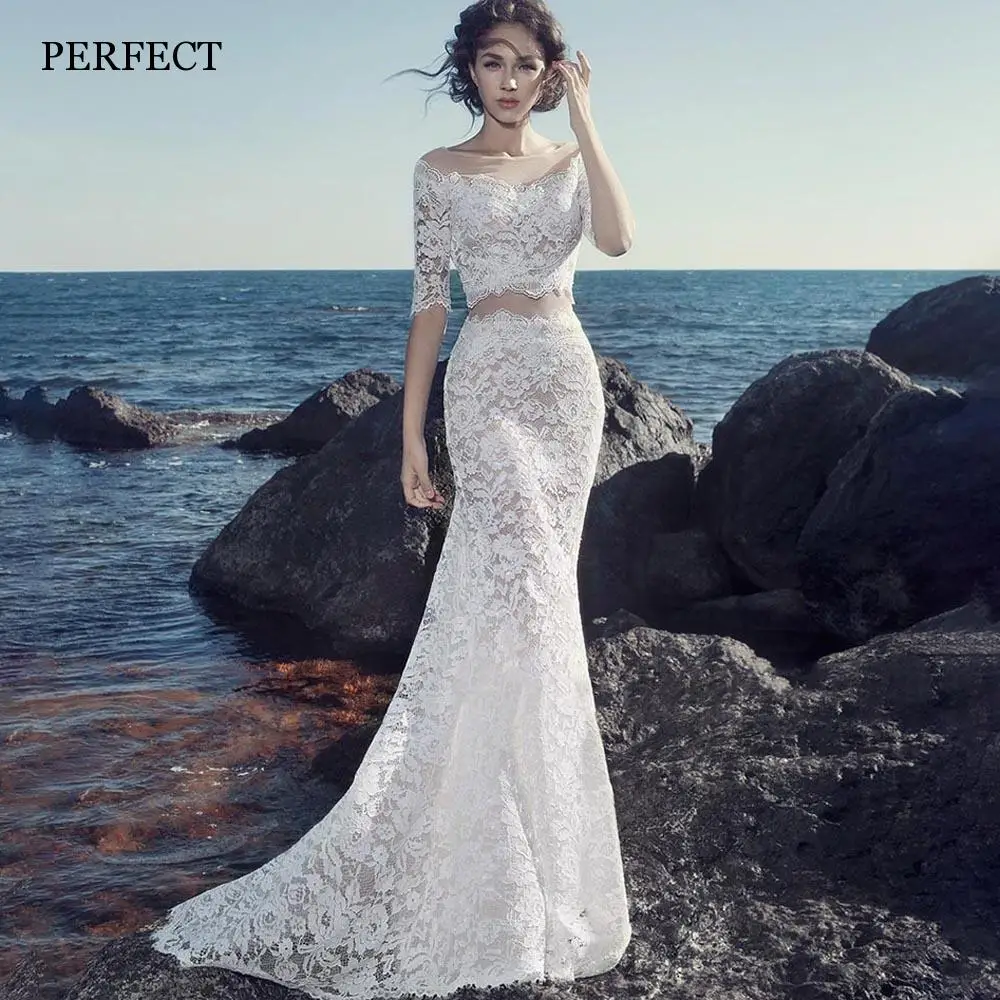 

PERFECT Bohemian 2 Pieces Mermaid Wedding Dresses For Women 2023 Elegant Off The Shoulder 1/2 Sleeves Bridal Gowns Lace Illusion