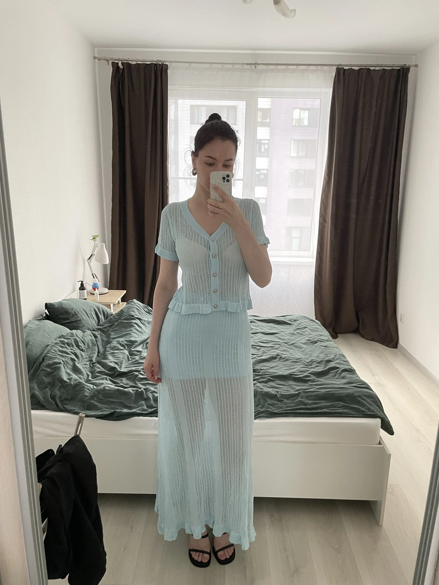 Elegant V-Neck Knitting Button Top & High-Waist Skirt Set photo review