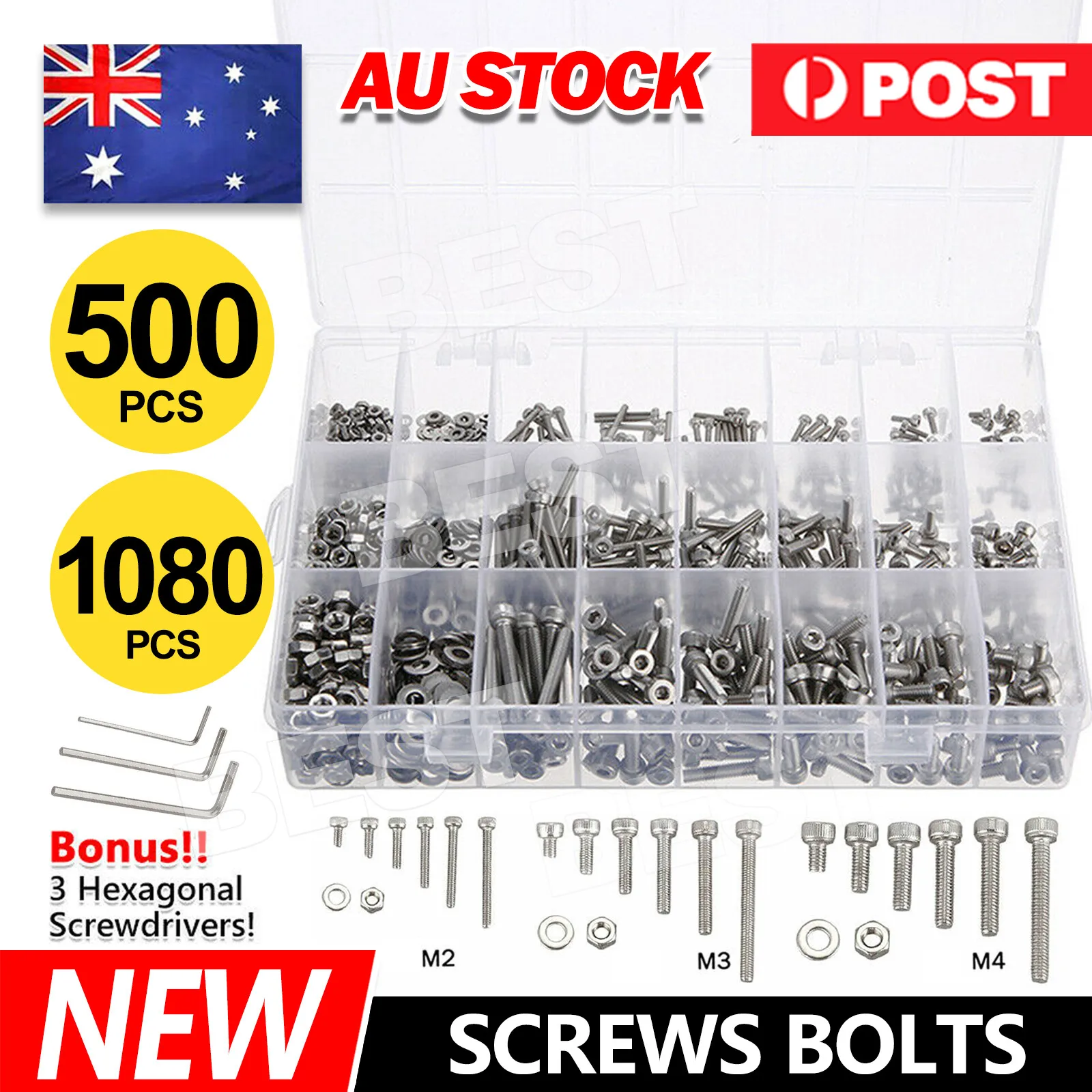 1080pcs M2/M3/M4/M5 Stainless Steel Bolts Nuts Screws Hex Head Assorted Kit Set