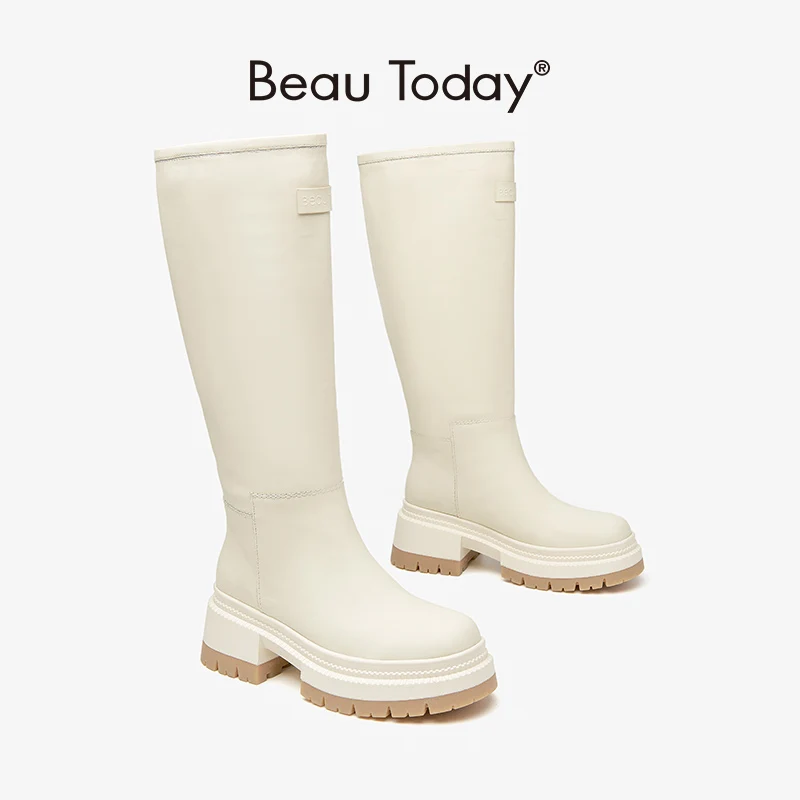 

BeauToday/женские высокие сапоги на платформе из натуральной коровьей кожи с круглым носком; Зимние женские сапоги до колена на не сужающемся книзу массивном каблуке; 01500 ручной работы