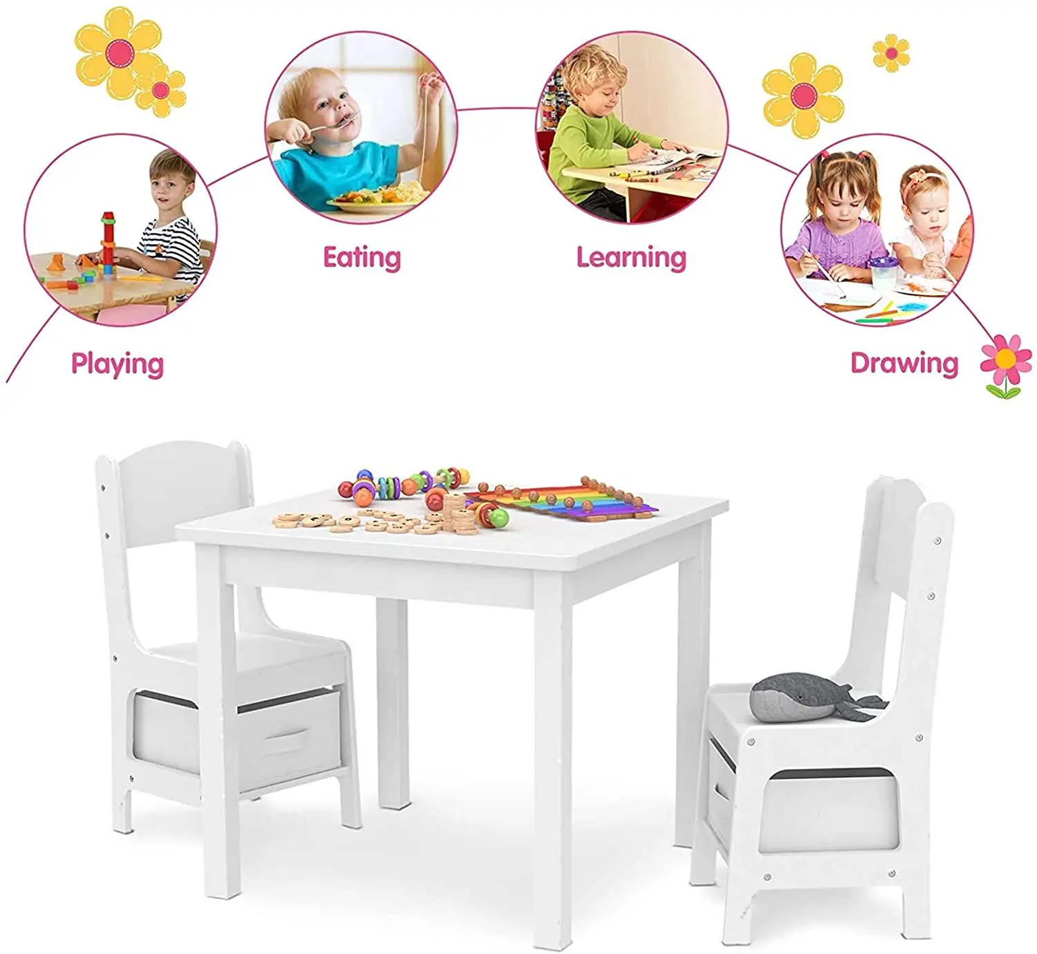 AOOU Kids Table and 2 Chairs Set, 3-in-1 Wooden Activity Table, w/Detachable Storage Drawer, Drawing Reading Black Board Desk 2