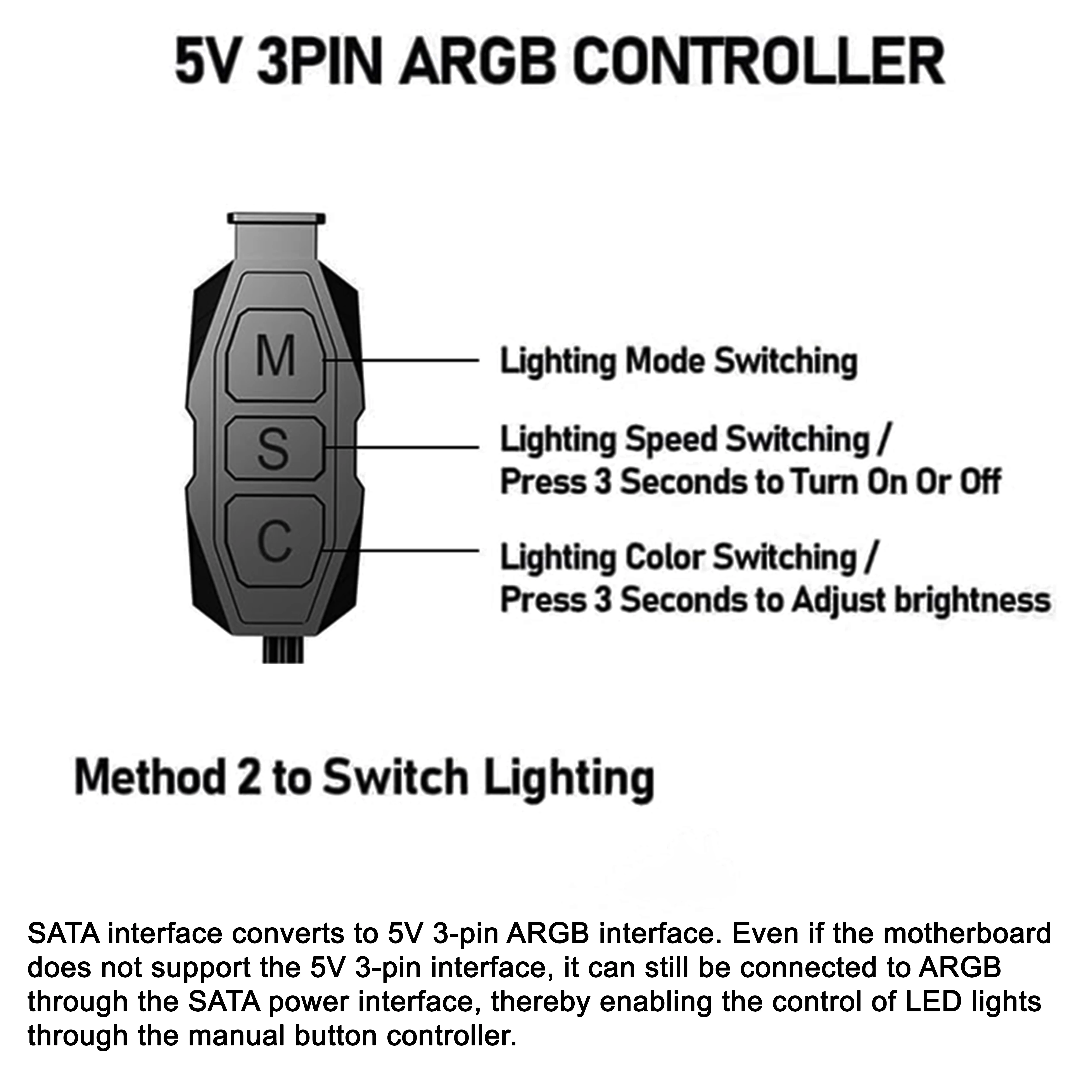 AuyiHomu 1/2pcs 5V 3Pin ARGB 컨트롤러 SATA 전원 공급 장치 PC용 M/S/C 버튼이 있는 ARGB LED 제어 상자