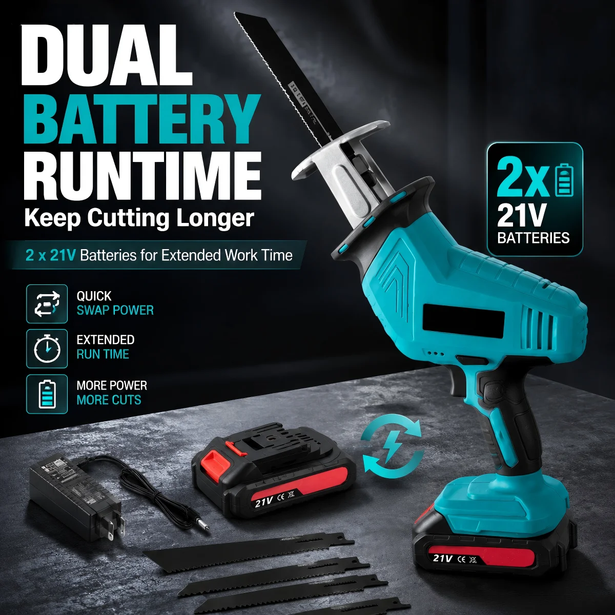 3000RPM Electric Reciprocating Saw with 4 Saw Blades, Cordless Power Sawzall Compatible with 18V Makita Batteries, Heavy Duty Cutting Tool for Wood Metal PVC Pipe, Home Garden DIY Construction Demolition Daily Use UK New