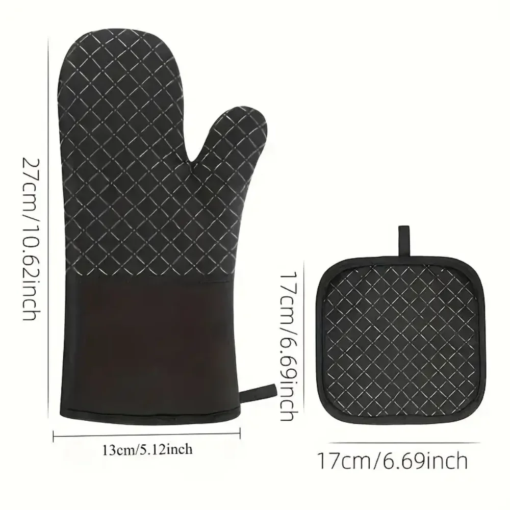 4-piece set of oven gloves and pan pads, 500Â°F kitchen heat insulation gloves, anti-slip silicone striped oven gloves, heat-resi