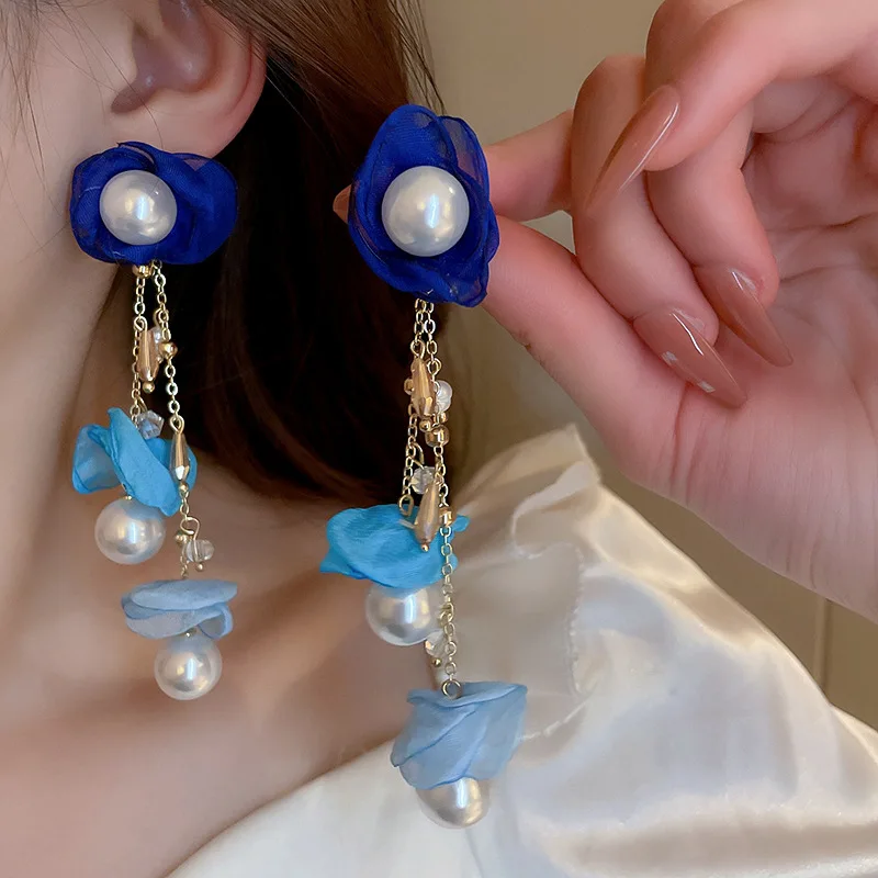 Cloth Flower Petals Long Tassel Pearls Crystal Dangle Earring for Women