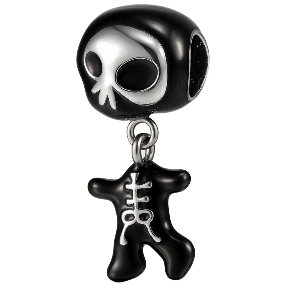 Charm Calavera Plata S925 Brillo, MXCKK-001, 1Pza, Plata S925 Chapa, Charm Separador, Calaverita, Negro/Plata.