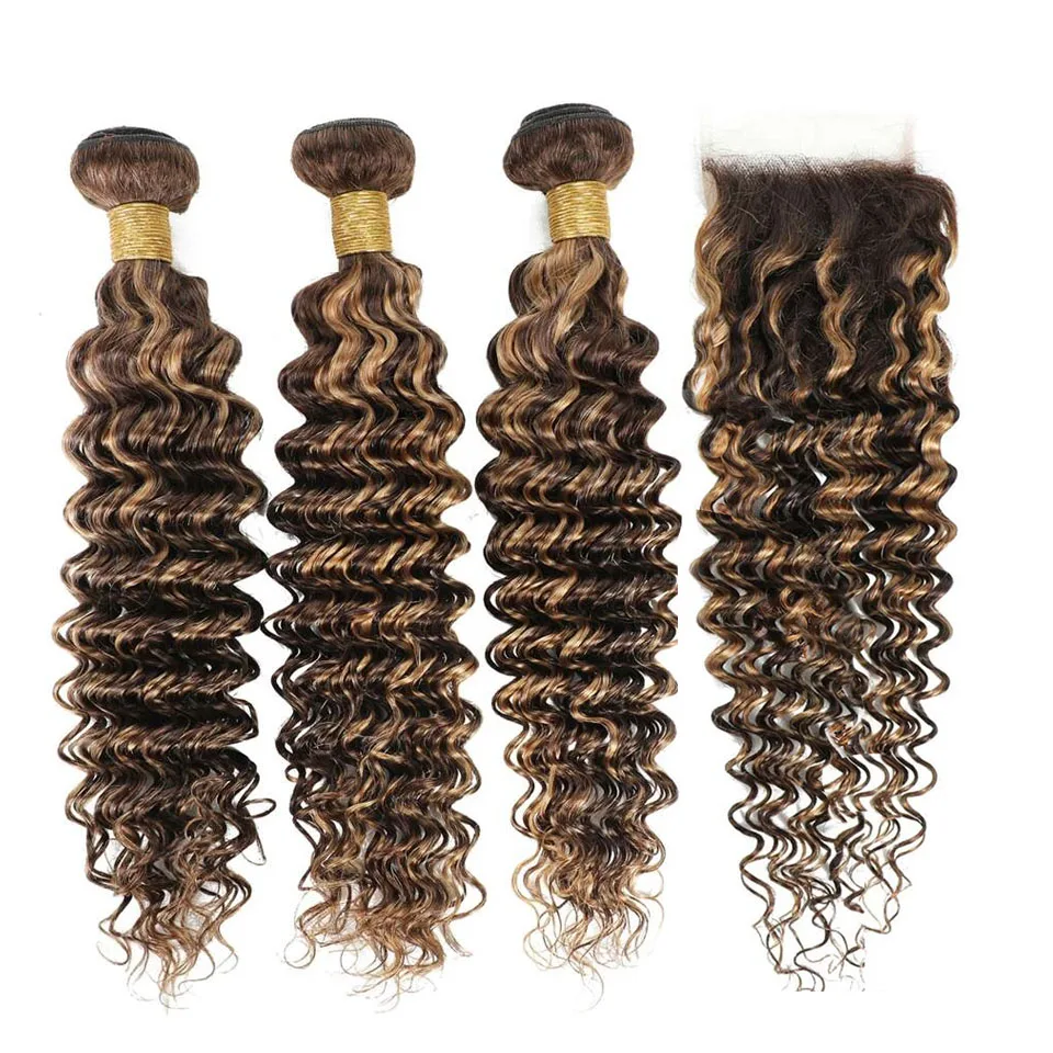 Highlight Deep Wave Bundles with Closure Brazilian Human Hair Bundles with Closure Honey Blonde 30 Inch