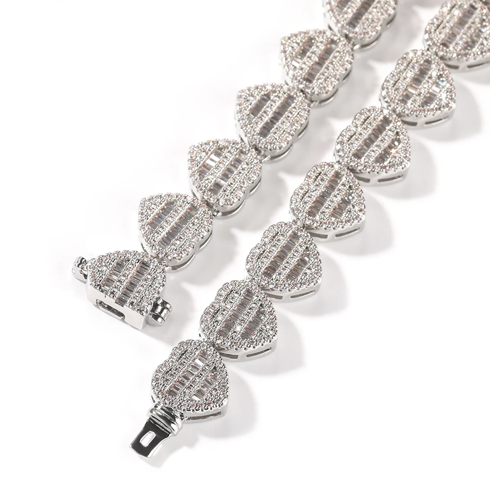 TBTK 12mm BaguetteCZ Heart Necklace Full Paved Out Cubic Zirconia Link Chain Luxury Jewelry Engagement Gift For Women