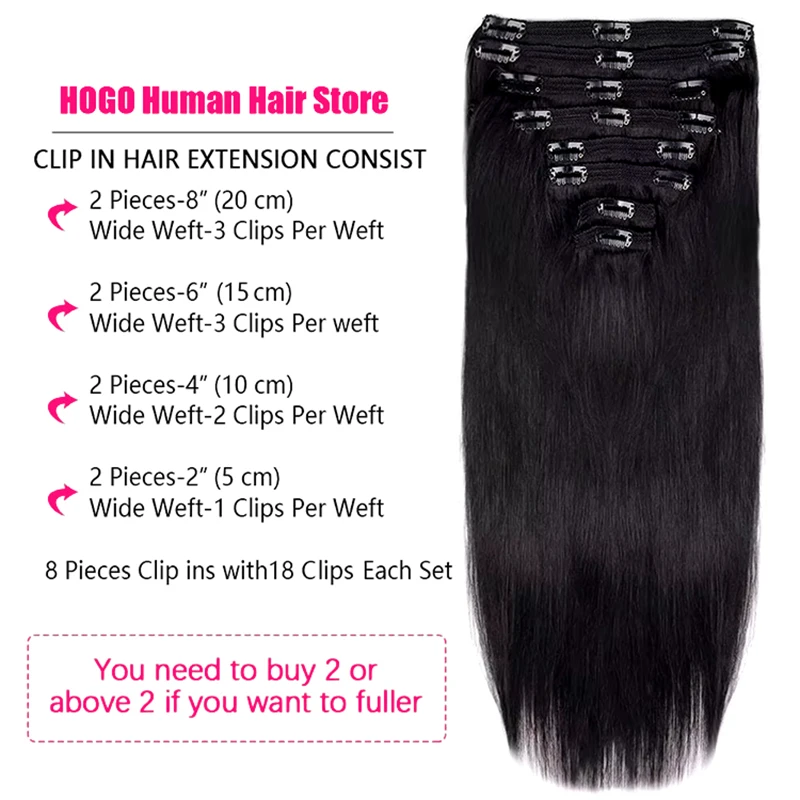 Hair extensions Clip in real human hair Remy for women natural straight 1B natural black