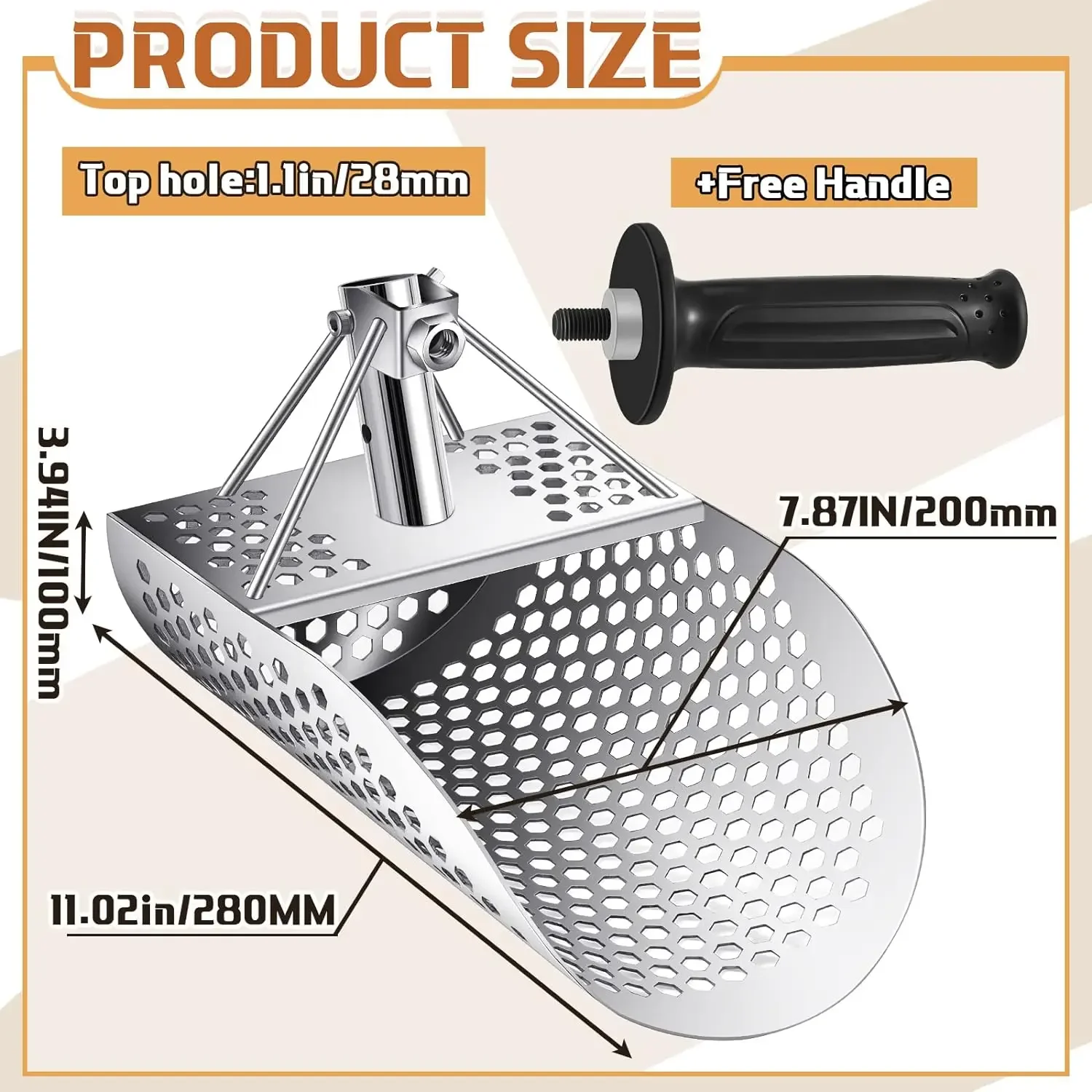 304 Stainless Steel Beach Sand Scoop with Handle for Metal Detecting, Fast Sifting Treasure Hunting Shovel Detector Tool