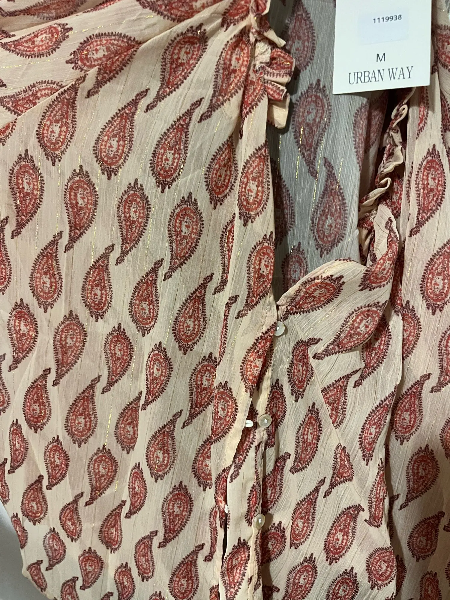 Metallic Line Print Shirt - Button & Strap Detail Lantern Sleeve Blouse photo review