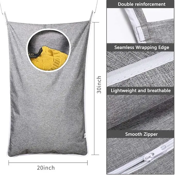Hanging Laundry Hamper Bag with Adjustable Stainless Steel Door Hooks, 2-Pack Suction Cup Hooks, Ideal for Holding Dirty Clothes 5