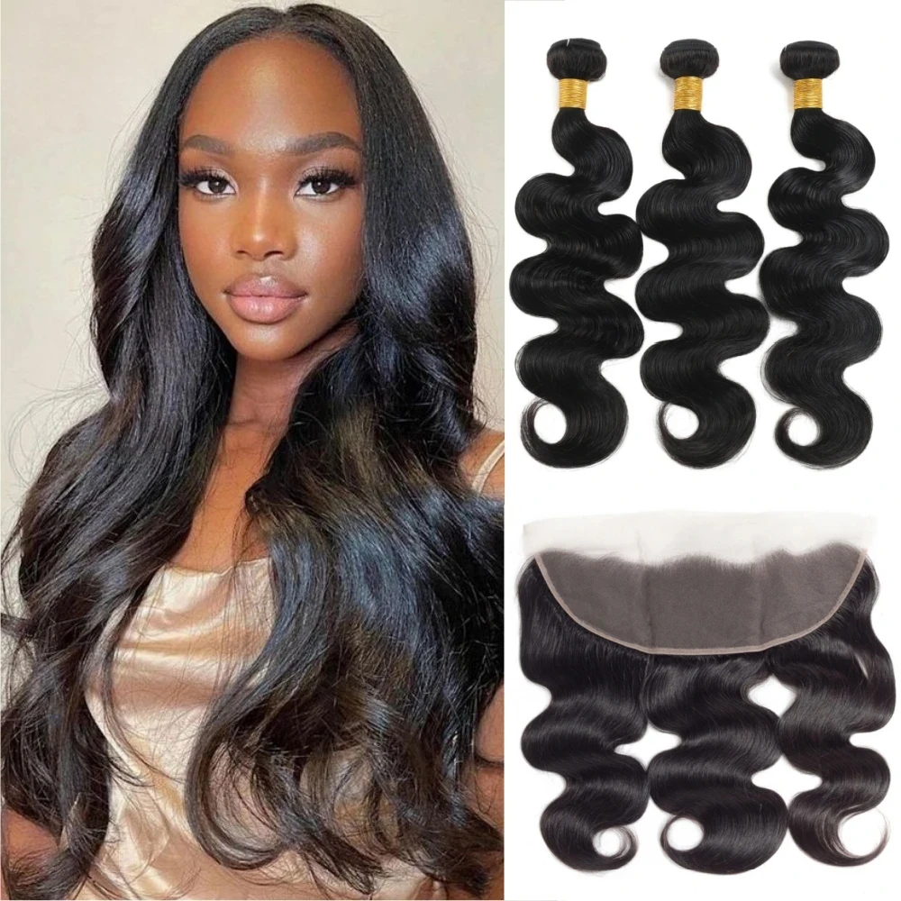 Body Wave Human Hair 3 Bundles with Closure 100% Unprocessed Brazilian Virgin Human Hair Weave Bundles with 13x4 HD Closure
