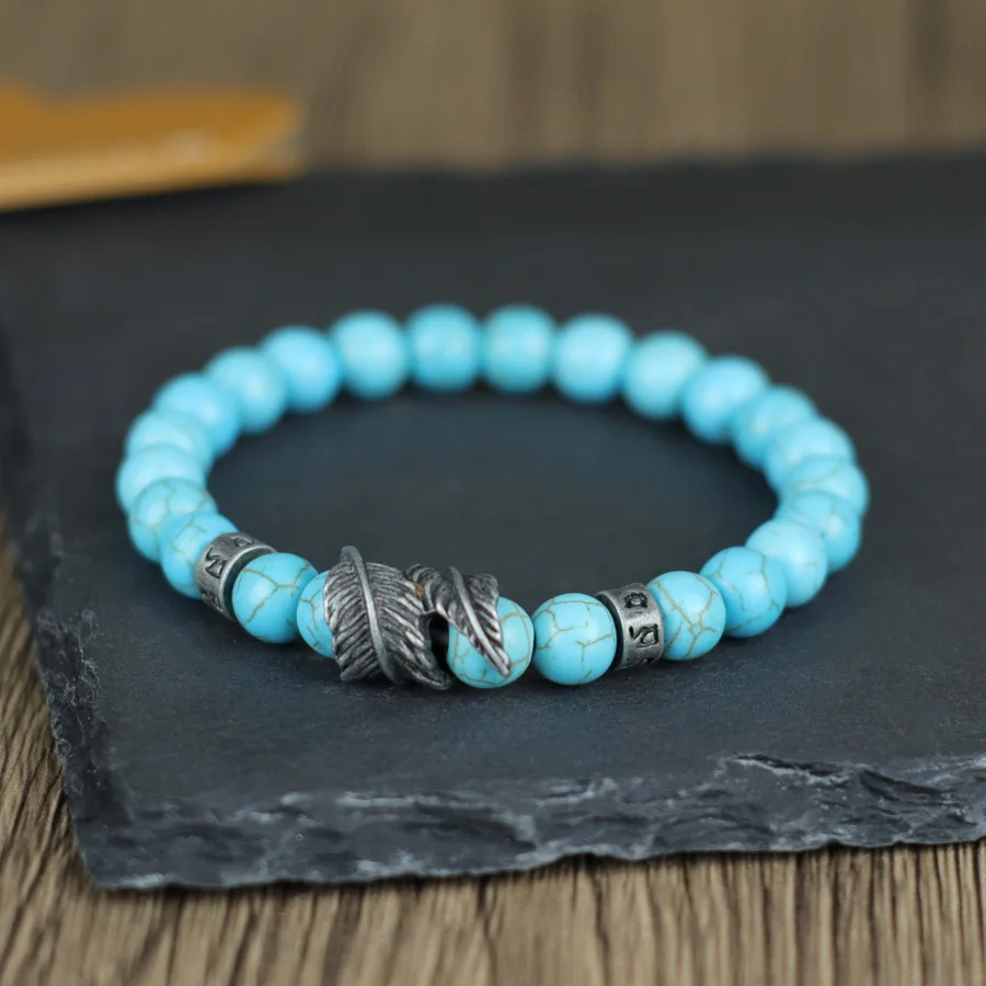 Viking Rune Men Bracelet with Lava Turquoise Stone