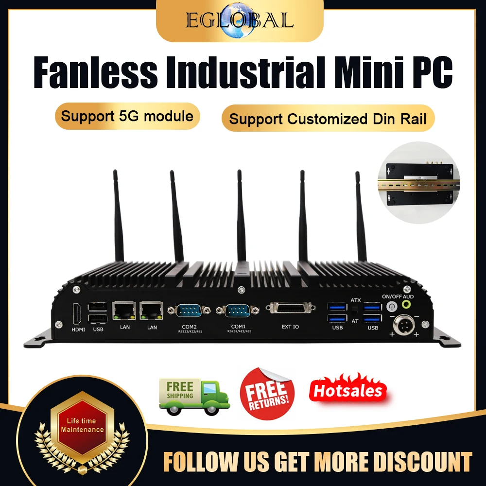 

Eglobal New Din Rail Fanless Industrial Mini Pc With Intel Celron J4125 Core i7-8565U i5-10210U 5 i7-10510U 5 Antennas 6 Com