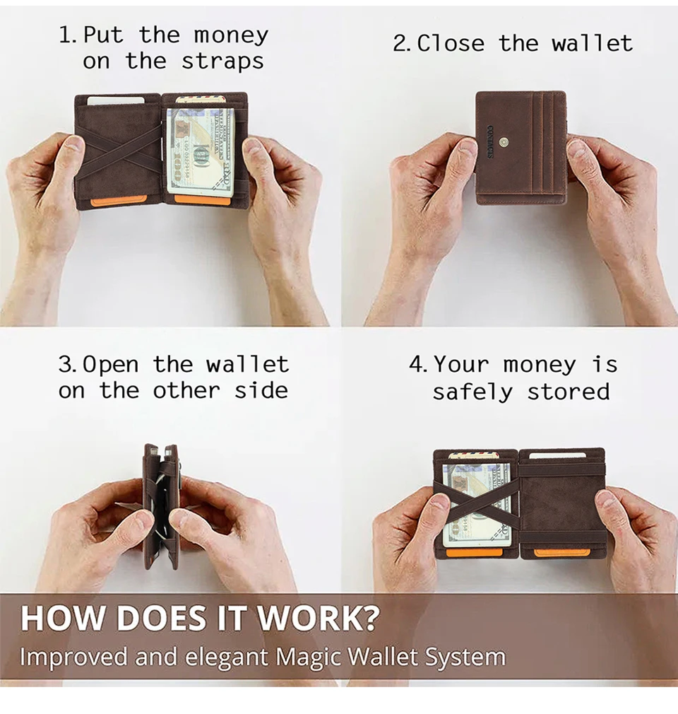 CONTACT'S Echtleder-Kartenetui Magic Wallet Slim Bifold RFID Herren Kleine Geldbörse mit Reißverschluss-Münzfach Mini-Geldbeutel Geldklammer – Detail 6