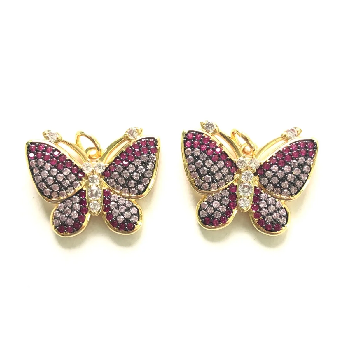 5pcs Butterfly Charms for Women Bracelet Making Fuchsia Pink Color Zirconia Paved Gold-Plated Necklace Pendant Jewelry Accessory