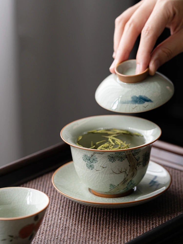 Hand Painted Pine Antique Ceramic Opening Gaiwan Tea Tureen Teaware Set Chinese Tea Bowl Chawan Cup