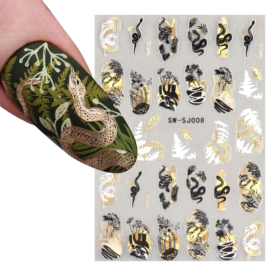 3DBlackGoldSnakeNailStickersHolographicLeafSerpienteAdhesive
