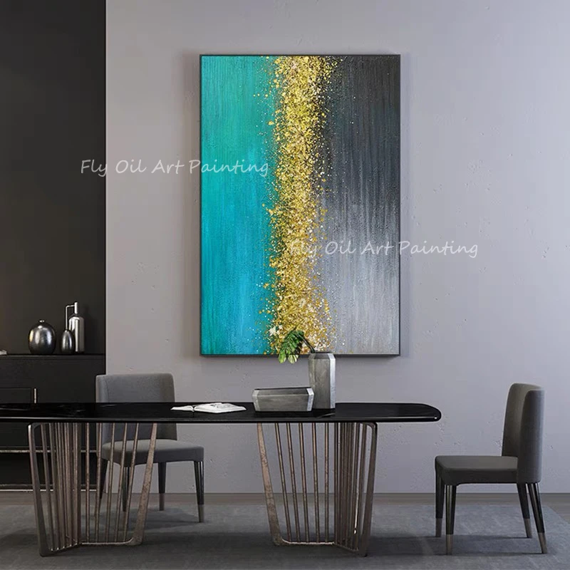 

Gold foil blue yellow grey canvas modern thick Large Size 100% Handpainted Oil Painting Porch Aisle for decoration as a gift