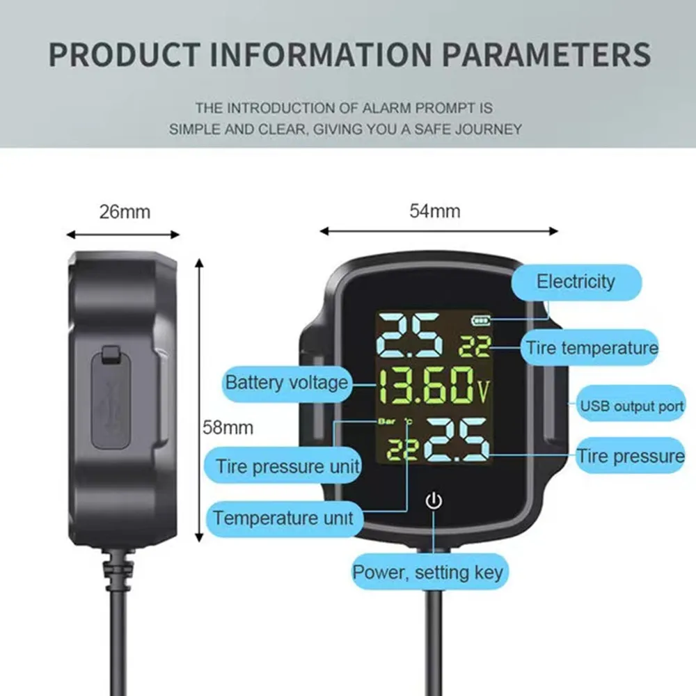 Motorcycle TPMS Motorbike Tire Pressure Monitoring System Tyre Temperature Alarm System With QC 3.0 Fast Charging USB Output car parking sensor