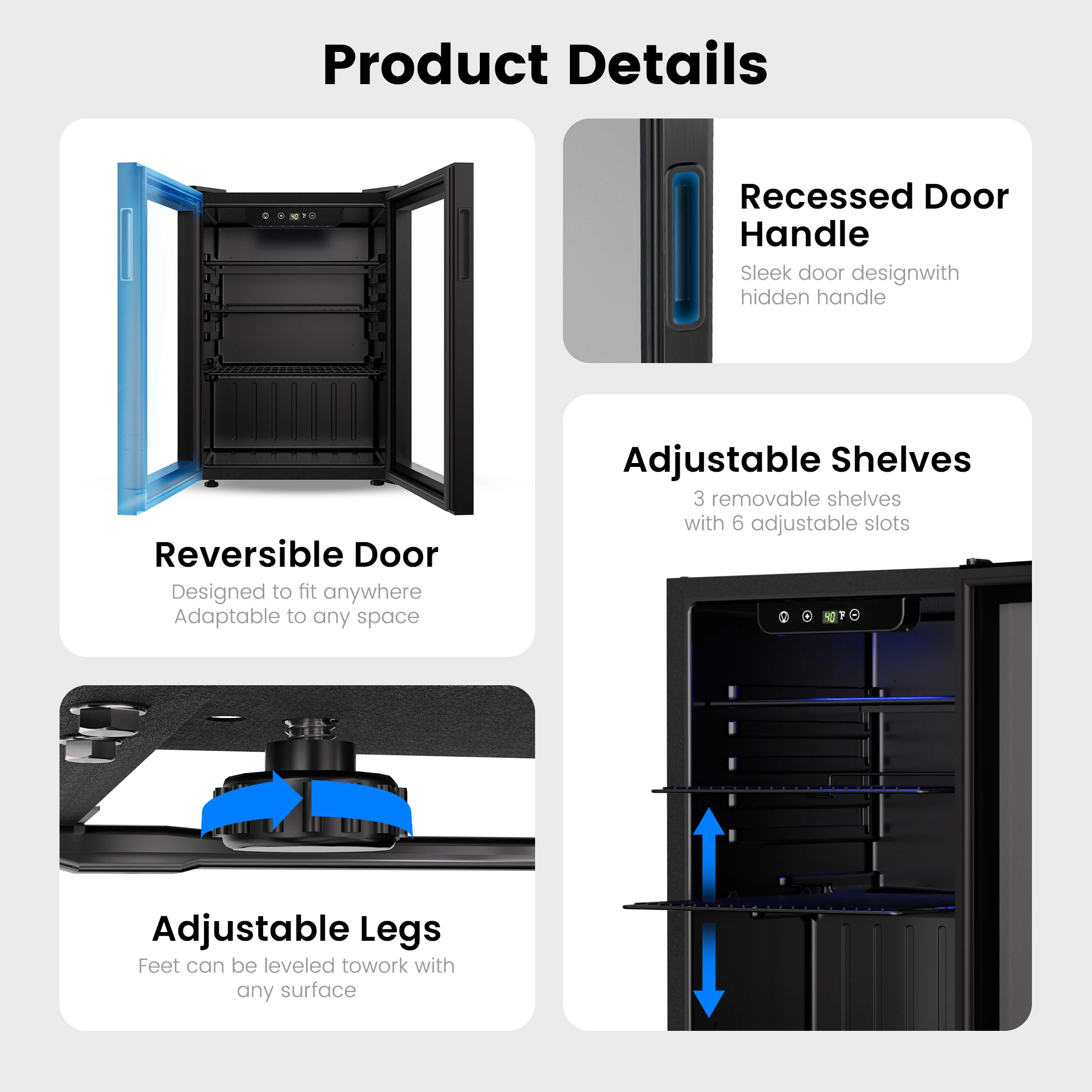 ICYGLEE Beverage Refrigerator 2.7cu.ft 100 Can Mini Fridge for Beer Drinks Wines Freestanding Fridge Blue LED for Home Dorm Bar 4