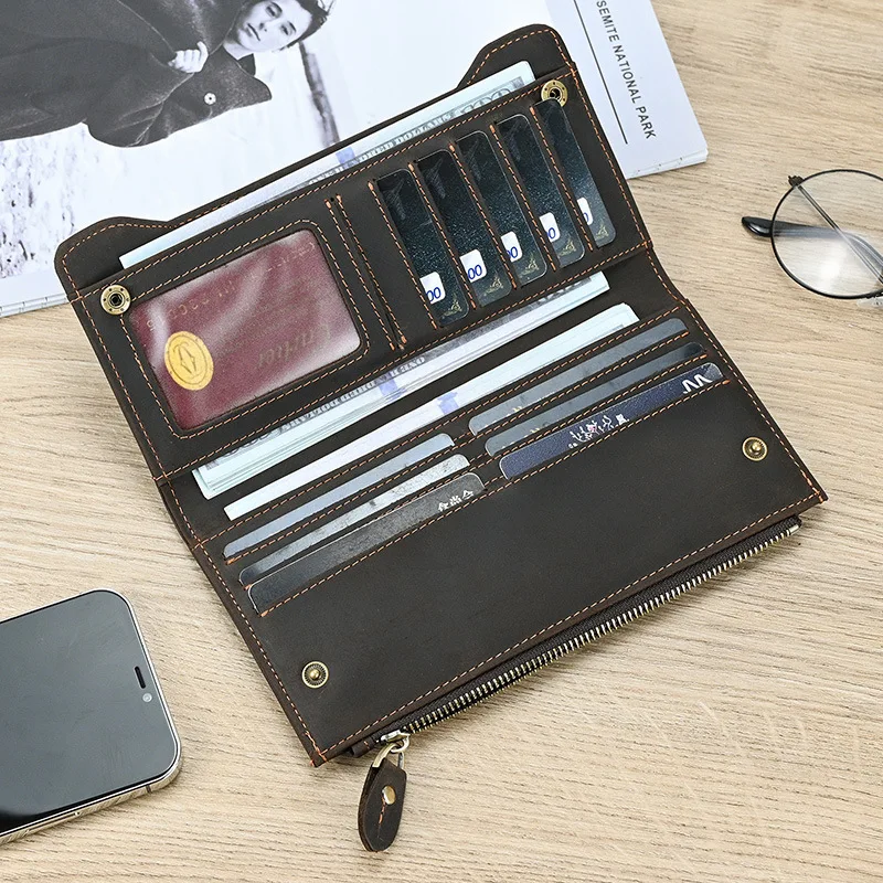 Men Vintage Long Wallet Genuine Leather Cowhide Snap Male Money Case Card Holder Zipper Coin Pocket Unique Casual Clutch Bag