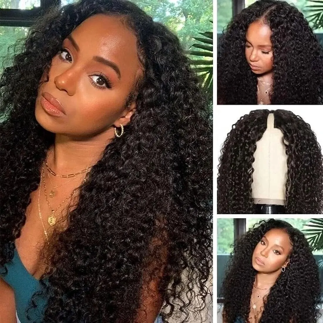 Deep Curly V Part Human Hair Wigs No Leave Out Glueless Brazilian Curly Human Hair Wigs for Women Natural Black 250 Density human hair wigs