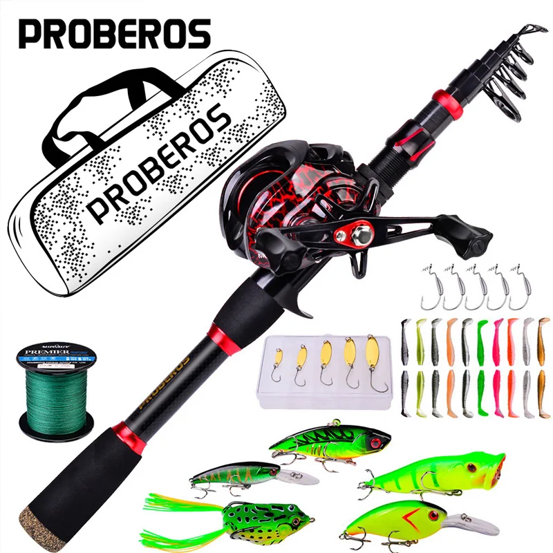 Proberos Telescopic Rod and Reel Kit 2.1 Carbon Fiber Fishing Rod 7.2:1 Gear Ratio Baitcasting Reel Line Lures Hooks Bag Combo fishing pole set,fishing rod and reel combo,fishing rod