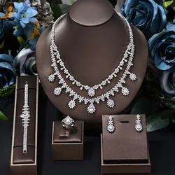 Luxury Women Bridal Wedding  Jewelry Sets Girl Trendy Flower Double Layers Necklace Earrings 4pcs Set Gift