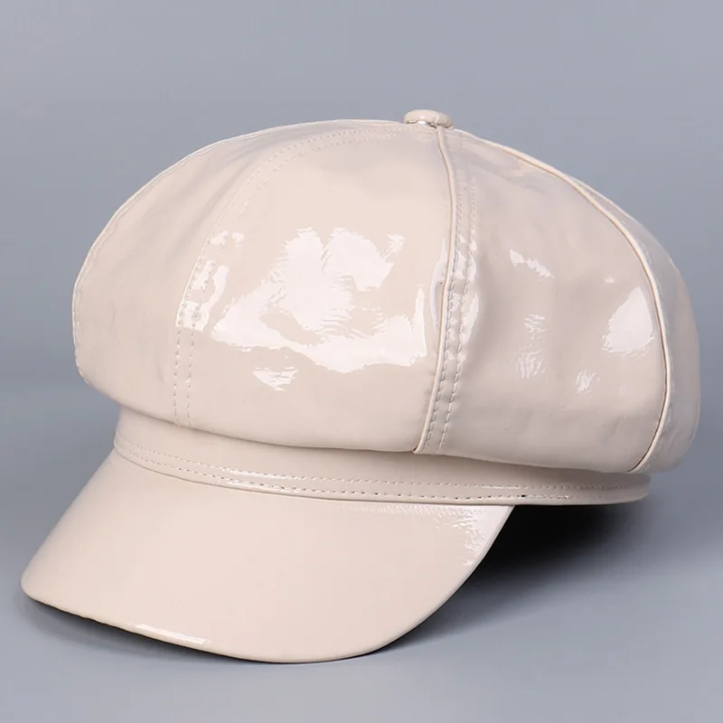 Women Solid Winter Cap Faux Leather Newsboy Hat Flat Hat Cabbie Beret Lady Fashion Octagonal