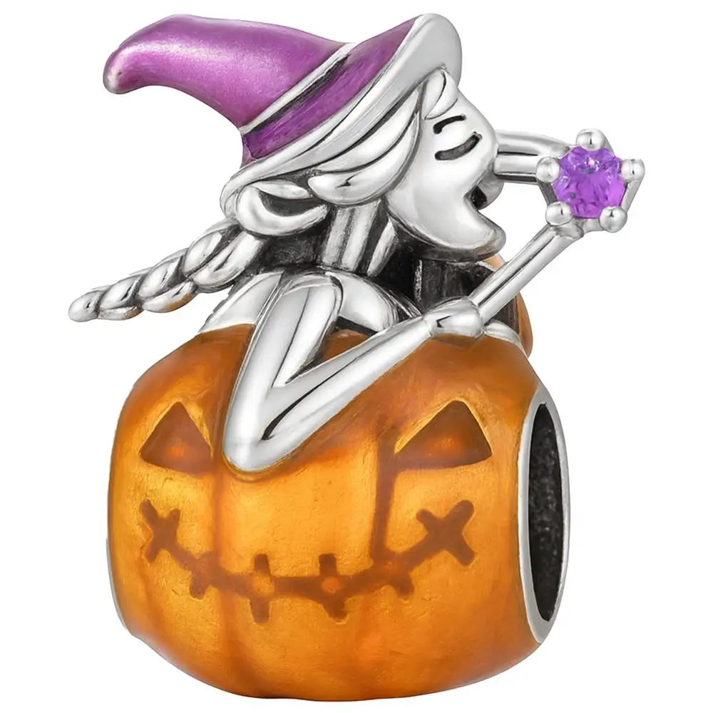 Charm bruja calabaza Halloween, MXCUQ-001, 1Pza, Plata S925 Chapa, Charm Separador, Bruja en Calabaza, Plata, Naranja/Morado.
