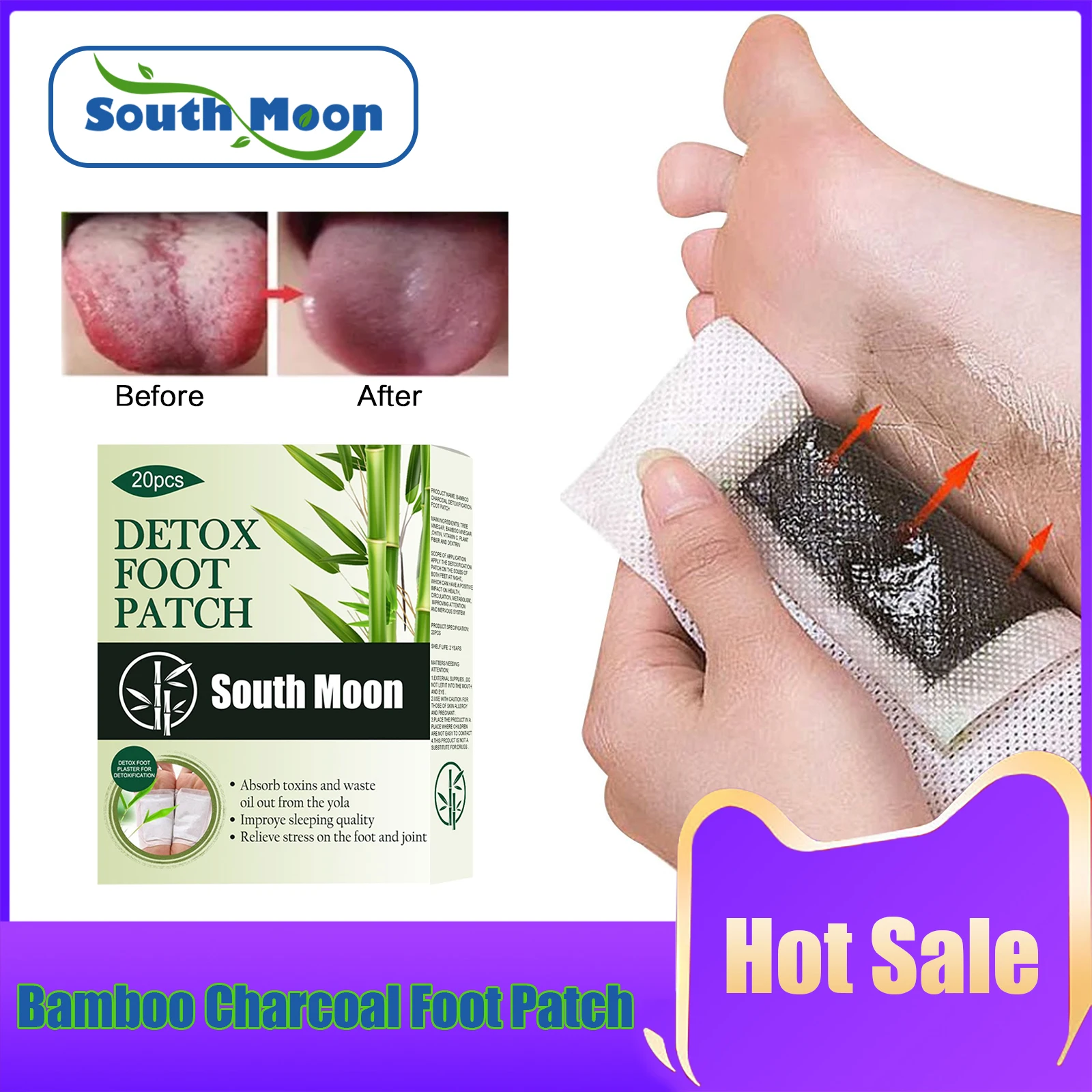 Detoxification Foot Sticker Improve Sleep Headache Back Pain Loss Weight Relieve Stress Remove Toxin Bamboo Charcoal Foot Patch natural herbal foot pads foot pads hallux valgus toe corrector varicose veins patch wormwood pain relief patch height growth foot patches