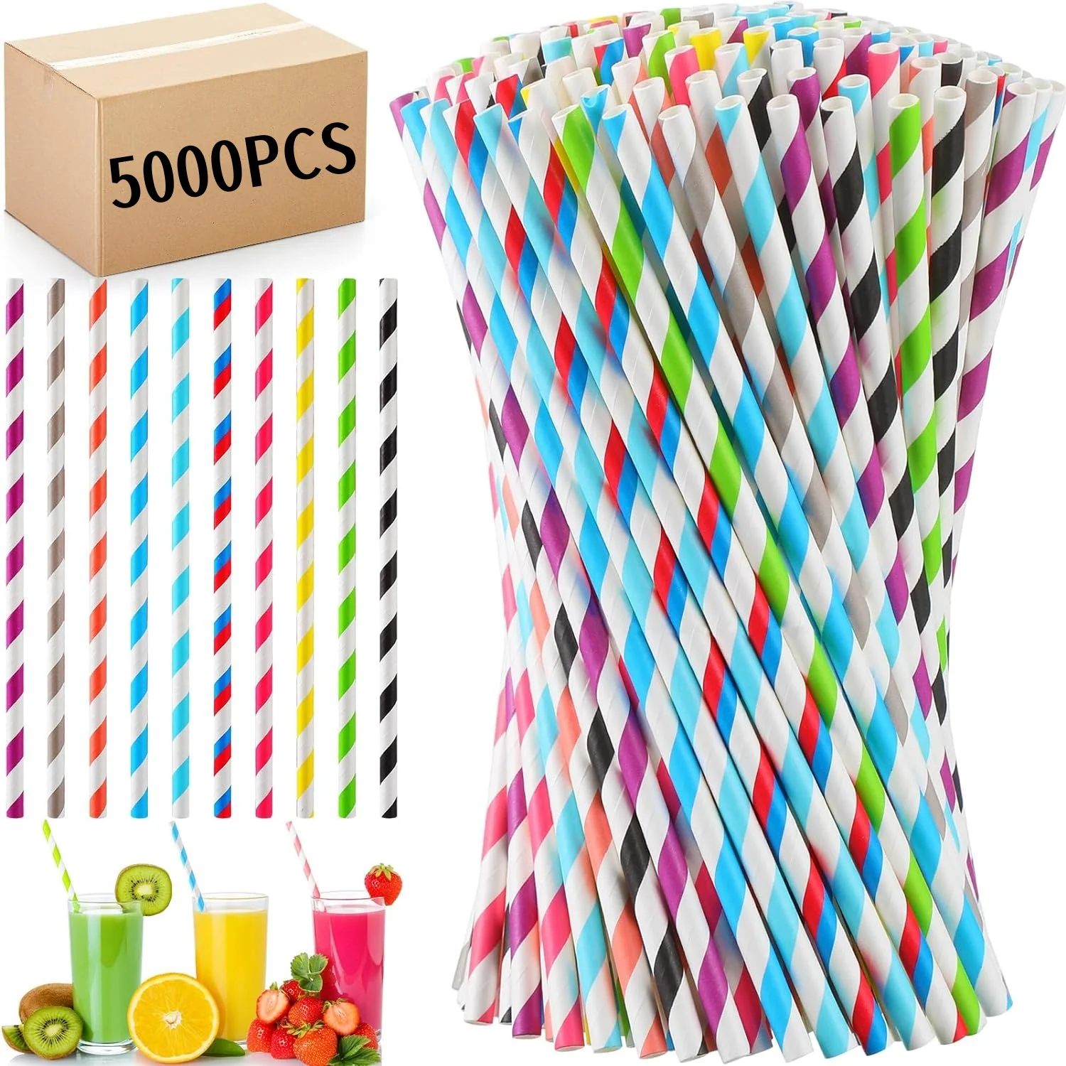 Biodegradable Paper Straws Bulk Assorted Rainbow Colors Striped Drinking Straws for Juice shakes Cocktail Coffee Soda Milkshakes