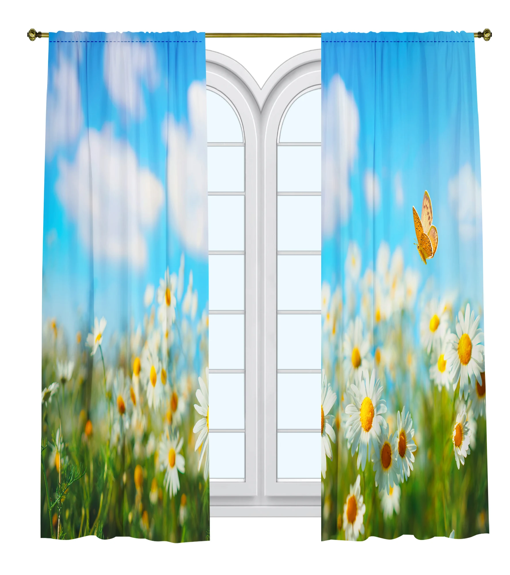 

Spring Nature Landscape Printed Curtain / Bedroom Dining Room Living Room Covers Set of 2 Panels-Daisy Field With Blue Sky Decor