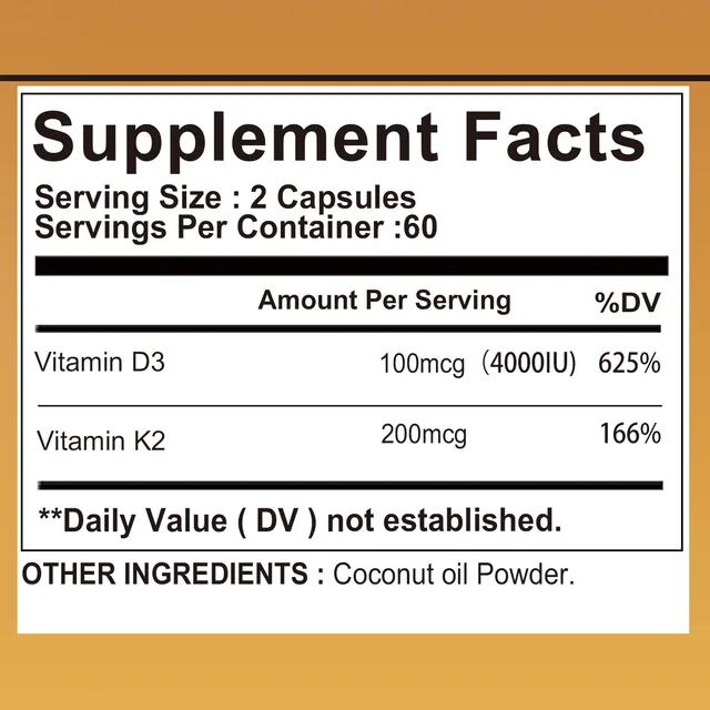 Vitamin D3 + K2 - Help Regulate Calcium Metabolism, Promote Bone, Teeth and Skin Health, Support Immunity - 120 Capsules 2
