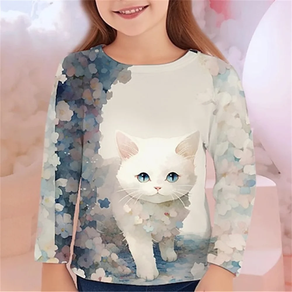 2023 autunno abbigliamento per bambini per ragazze Animal Cat T Shirt manica lunga stampa 3d primavera bambini 3-12 anni vestiti Cute Tee Tops
