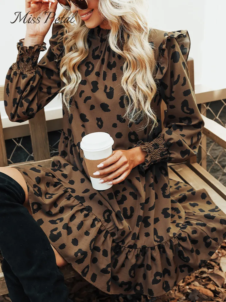 MISSPETALLeopardPrintRuffledMiniDressForWomenSexyMockNeck