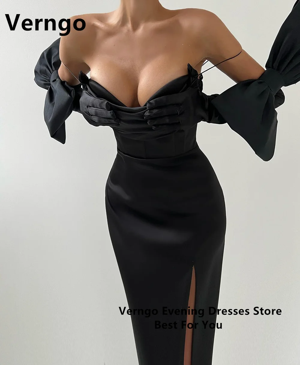 

Verngo Black Satin Party Dress For Women Sweetheart Mermaid Prom Gowns Sexy Side Slit Evening Dress With Gloves