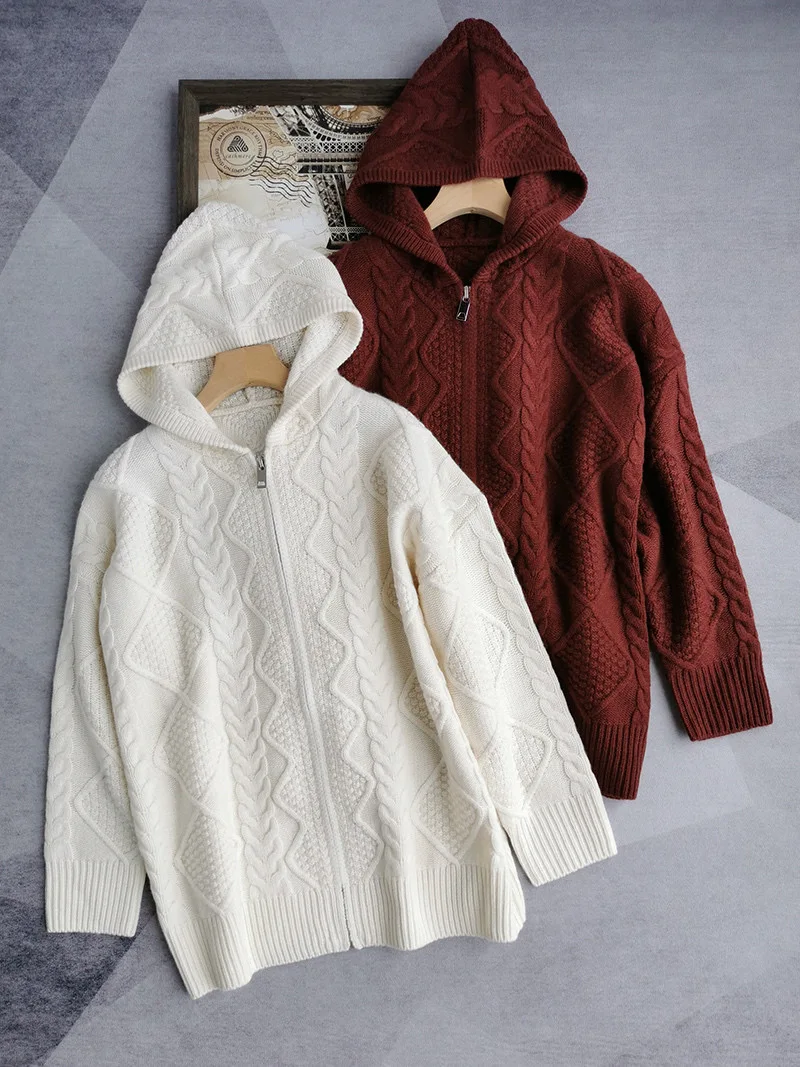 

Luxury Autumn Winter Casual Pure Cashmere Hooded Twisted Knitted Cardigan