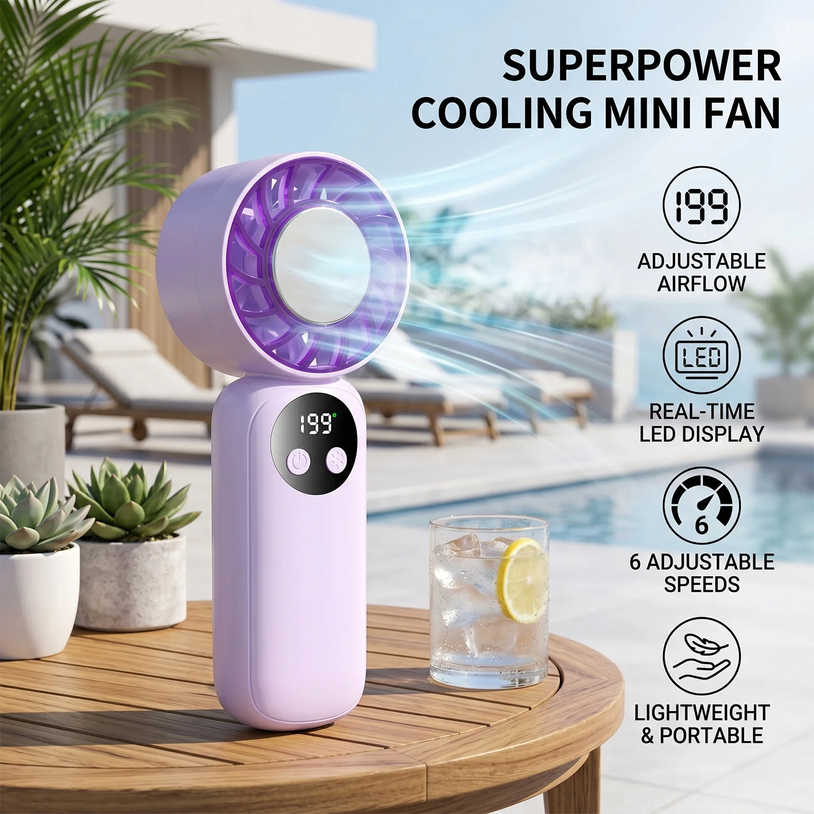 Handheld Fan with Real-time LED Display 199 Wind Speeds Mini Ice Cooling Fan USB Type-C Rechargeable Personal Fan for Outdoor Travel Office Desktop