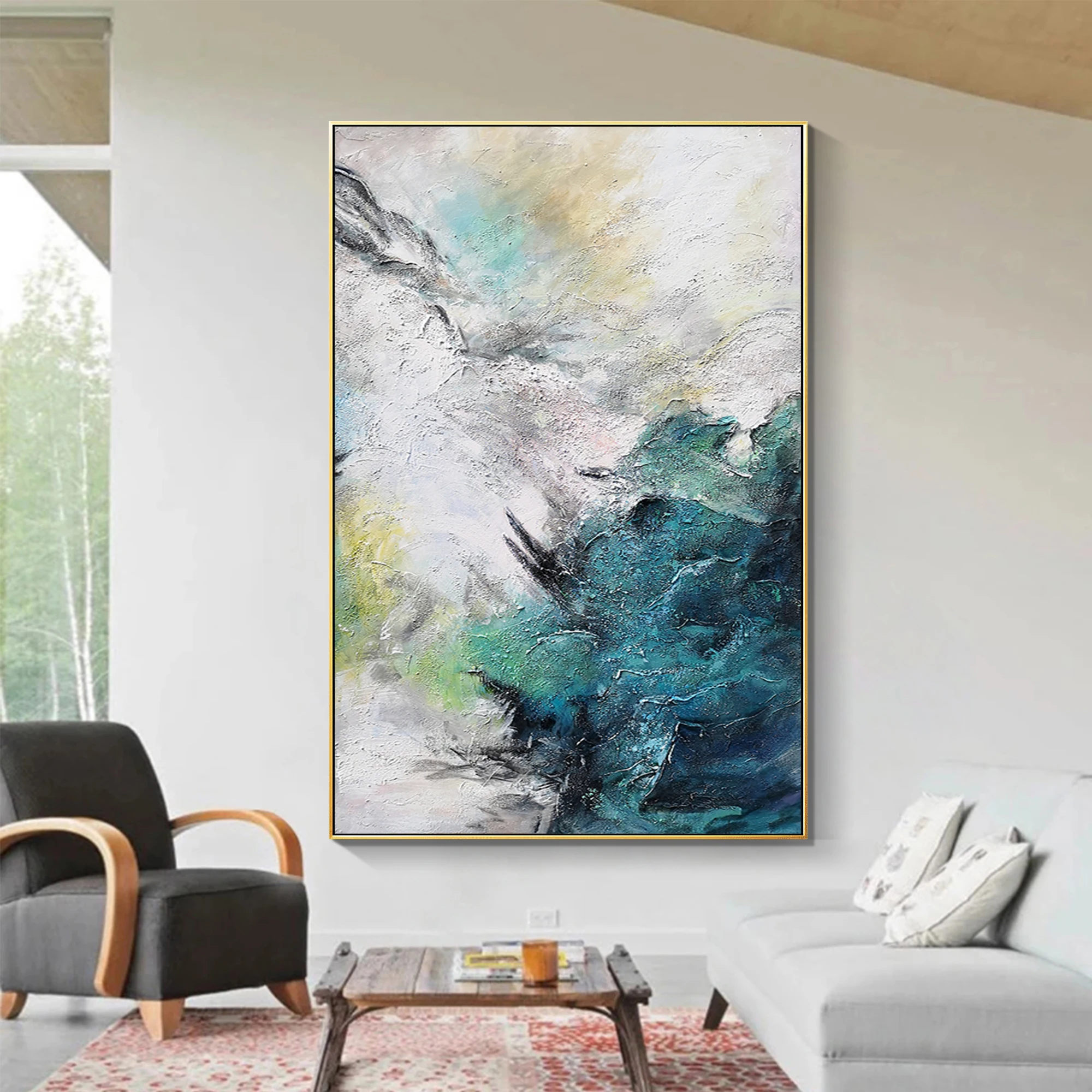 

Hand Painted Teal White Acrylic Abstract Palette Knife Textured Painting On Canvas Large Wall Art Modern Living Room Wall Decor
